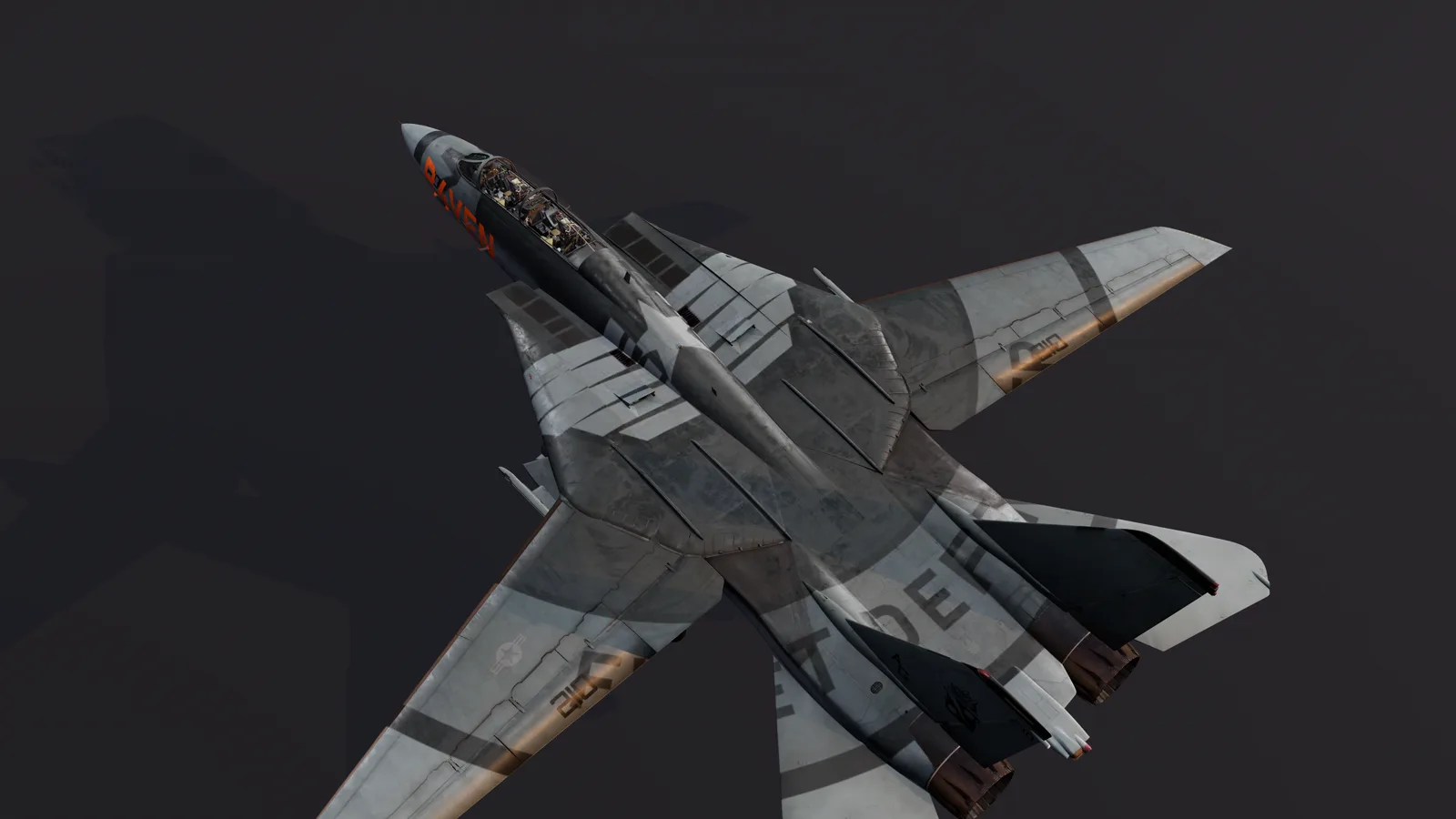 F-14 visto de cima com arte gigante tom sobre tom e o nome R4VEN no nariz