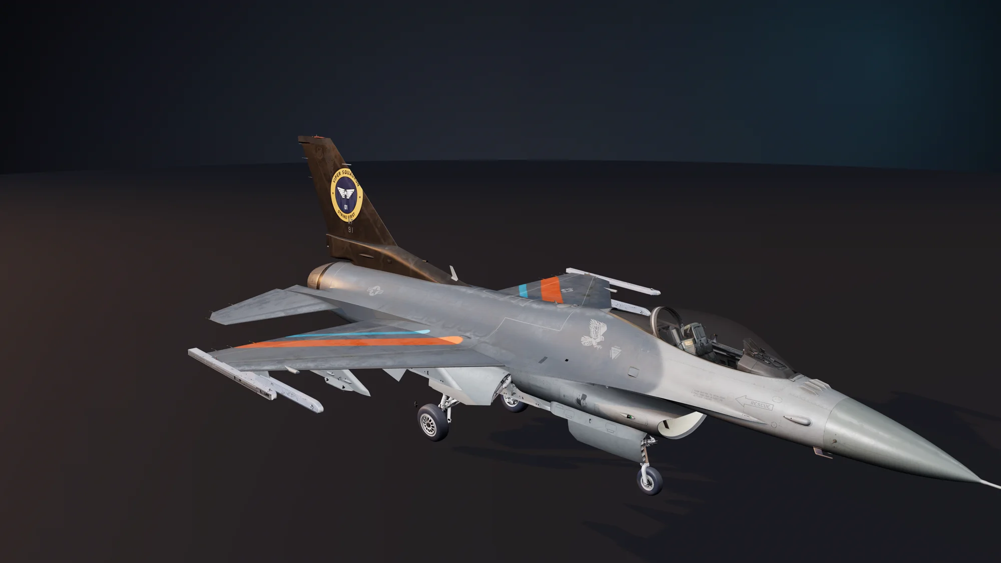 F-16C com pintura personalizada feita no EasyPaint: deriva marrom com brasão do esquadrão e faixas laranja e ciano nas asas.