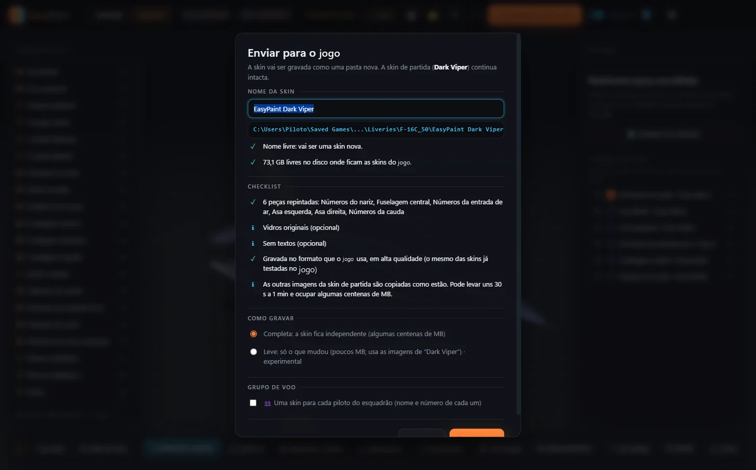 Enviar a skin para o jogo